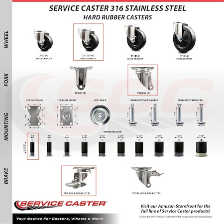 Service Caster 3.5 Inch 316SS Hard Rubber Swivel 3/4 Inch Expanding Stem Caster Set Brake SCC SCC-SS316EX20S3514-HRS-TLB-34-4